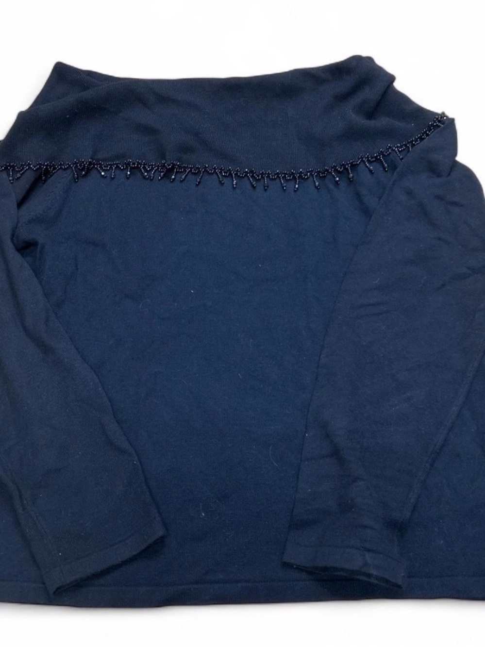 Navy Off-Shoulder Beaded Trim Long-Sleeve Top